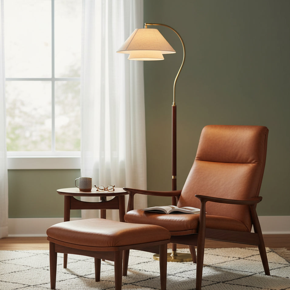 Double Fabric Shade Floor Lamp with Wood & Metal Stand 61 in Tall Statement Lighting for Living Room Bedroom Modern Ambient Uplight | Lonoma