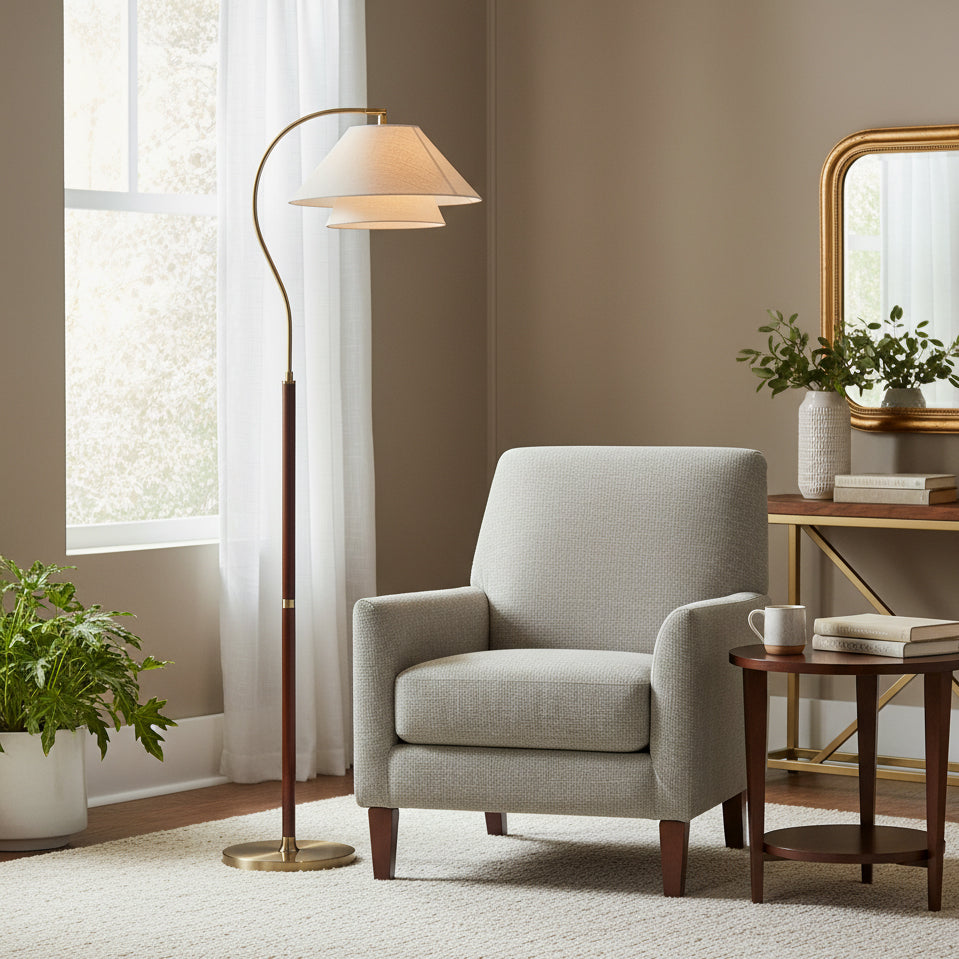 Double Fabric Shade Floor Lamp with Wood & Metal Stand 61 in Tall Statement Lighting for Living Room Bedroom Modern Ambient Uplight | Lonoma