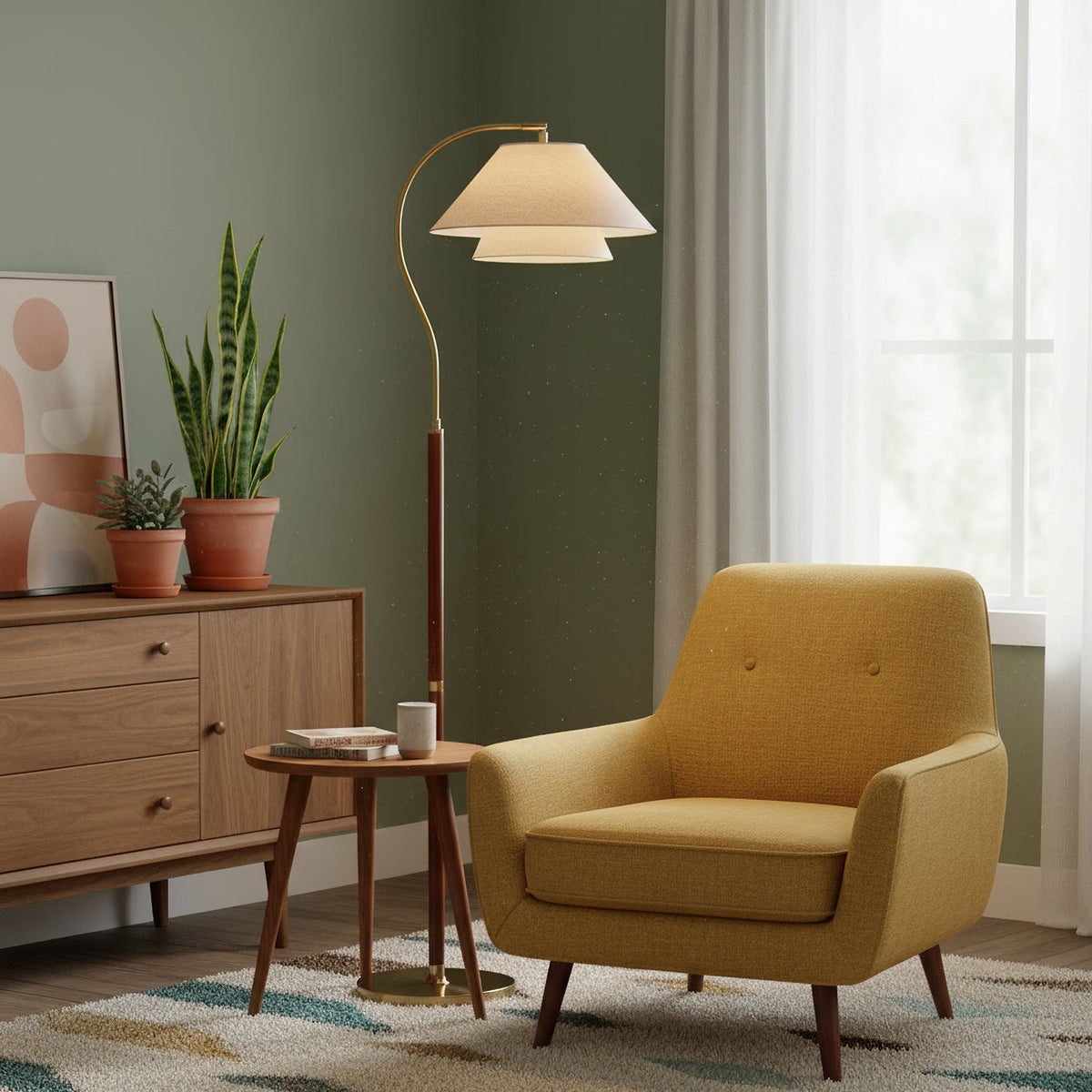 Double Fabric Shade Floor Lamp with Wood & Metal Stand 61 in Tall Statement Lighting for Living Room Bedroom Modern Ambient Uplight | Lonoma