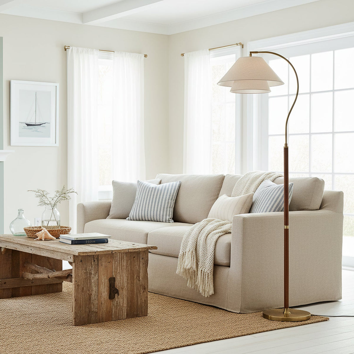 Double Fabric Shade Floor Lamp with Wood & Metal Stand 61 in Tall Statement Lighting for Living Room Bedroom Modern Ambient Uplight | Lonoma