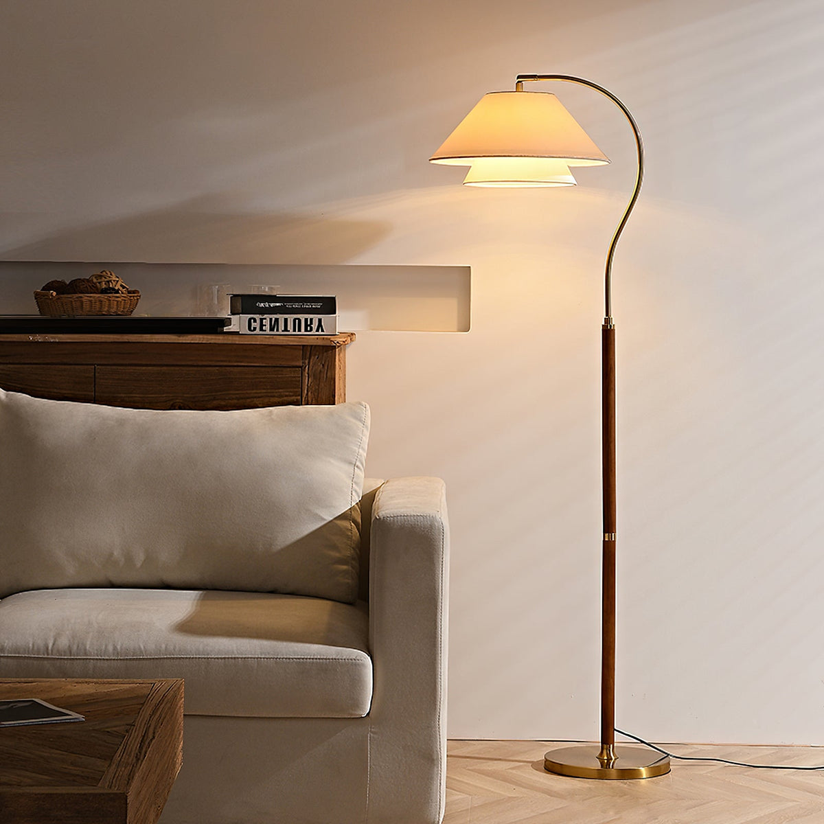 Double Fabric Shade Floor Lamp with Wood & Metal Stand 61 in Tall Statement Lighting for Living Room Bedroom Modern Ambient Uplight | Lonoma