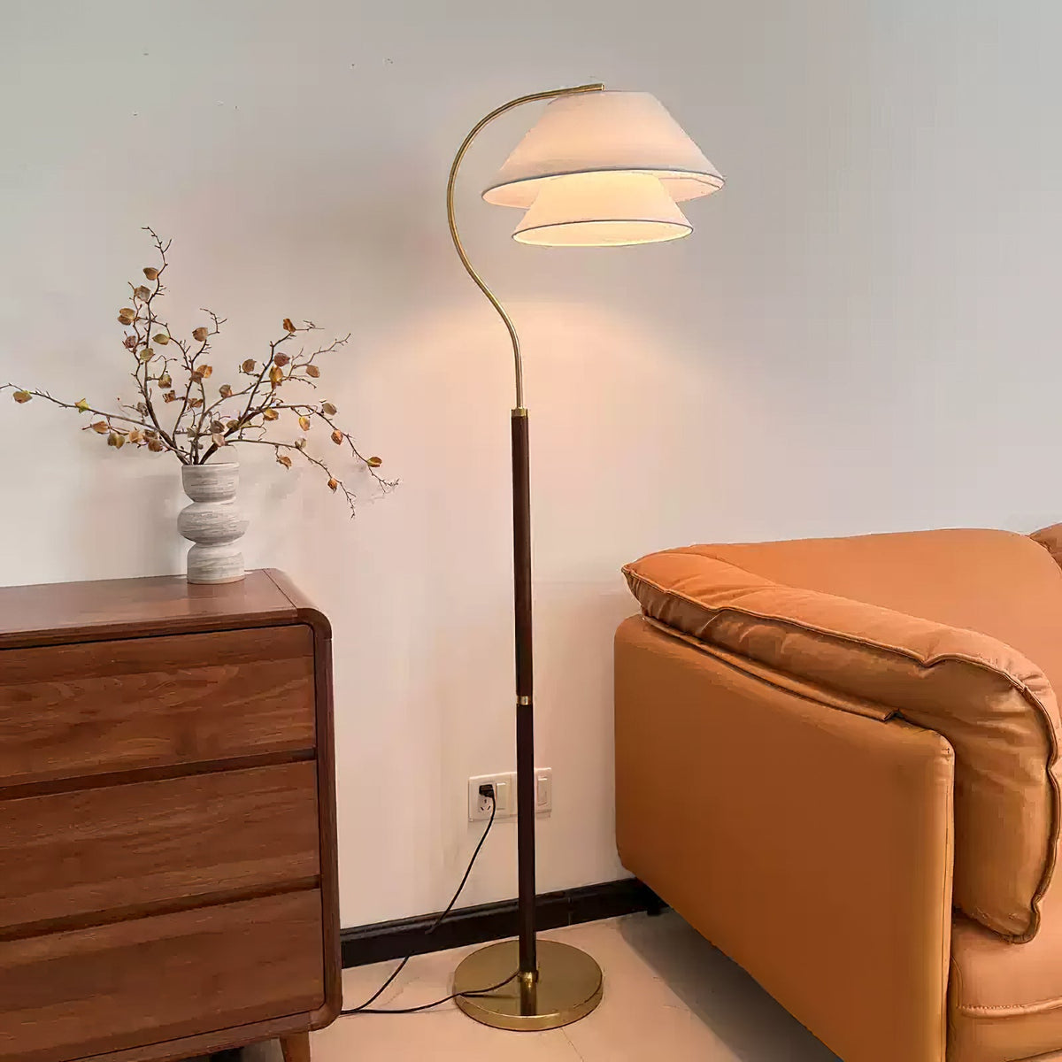 Double Fabric Shade Floor Lamp with Wood & Metal Stand 61 in Tall Statement Lighting for Living Room Bedroom Modern Ambient Uplight | Lonoma