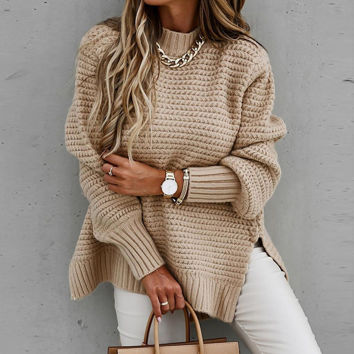 Oversized Turtleneck Sweater for Women with Side Slits and Dropped Back Hem | Chunky Knit Pullover Top | Lonoma