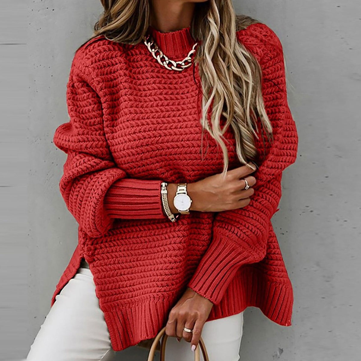 Oversized Turtleneck Sweater for Women with Side Slits and Dropped Back Hem | Chunky Knit Pullover Top | Lonoma