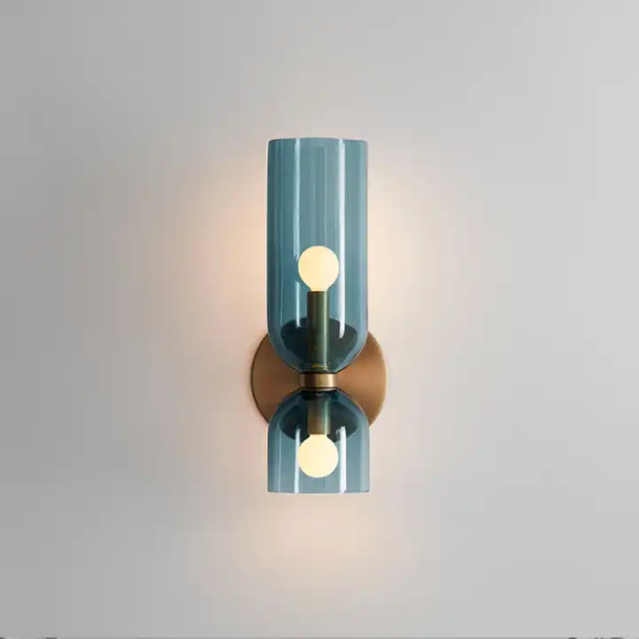 Cylindrical Glass Wall Sconce 2-Light Hardwired Modern Indoor Fixture Metal Frame Blue Gray White for Dining Room Bedroom Hallway Bar E12 | Lonoma