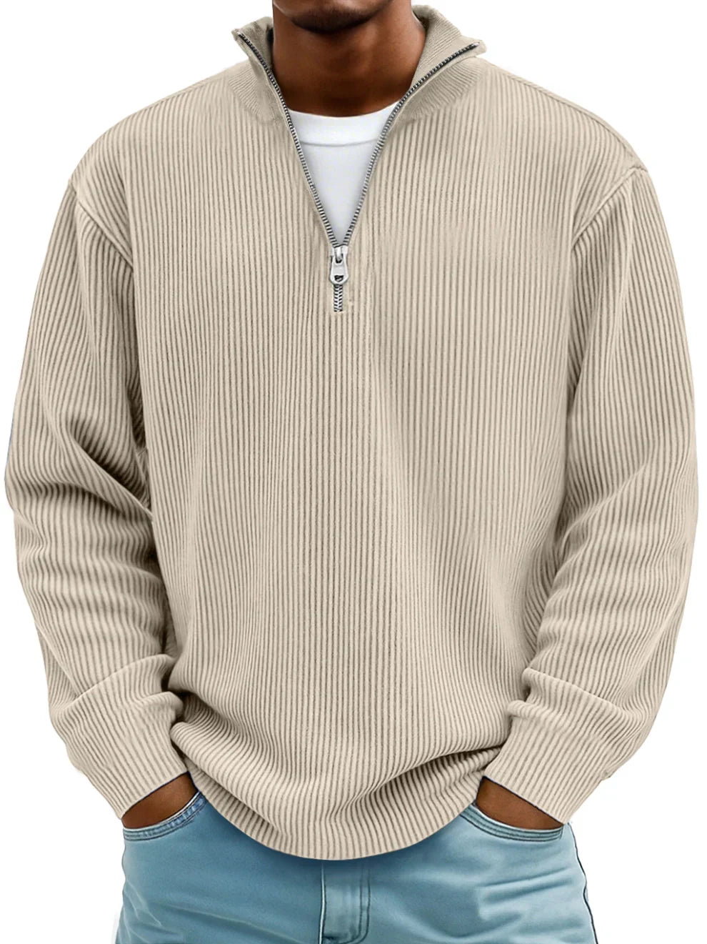 Men's Quarter-Zip Pullover Sweater with Ribbed Knit and Stand Collar for Casual and Office Wear | Lonoma