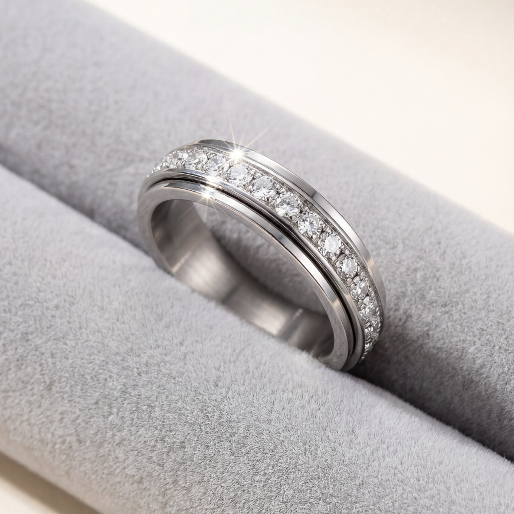 Titanium Steel Spinner Ring with Cubic Zirconia, Silver Gold Rose Gold Fidget Ring for Women & Men, Anxiety Relief, Stackable Band | Lonoma