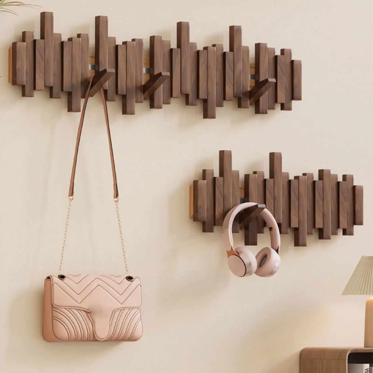 Wall-Mounted Coat Rack with Magnetic Folding Hooks | Wood Finish Entryway Organizer for Jackets & Bags | Lonoma