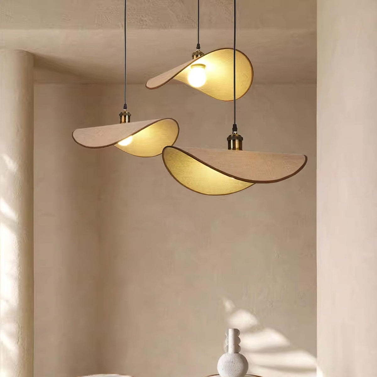Hanging Ceiling Light with Linen Drum Shade and Wood Accent for Dining Room Kitchen Island Bedroom Modern Farmhouse Fixture | Lonoma