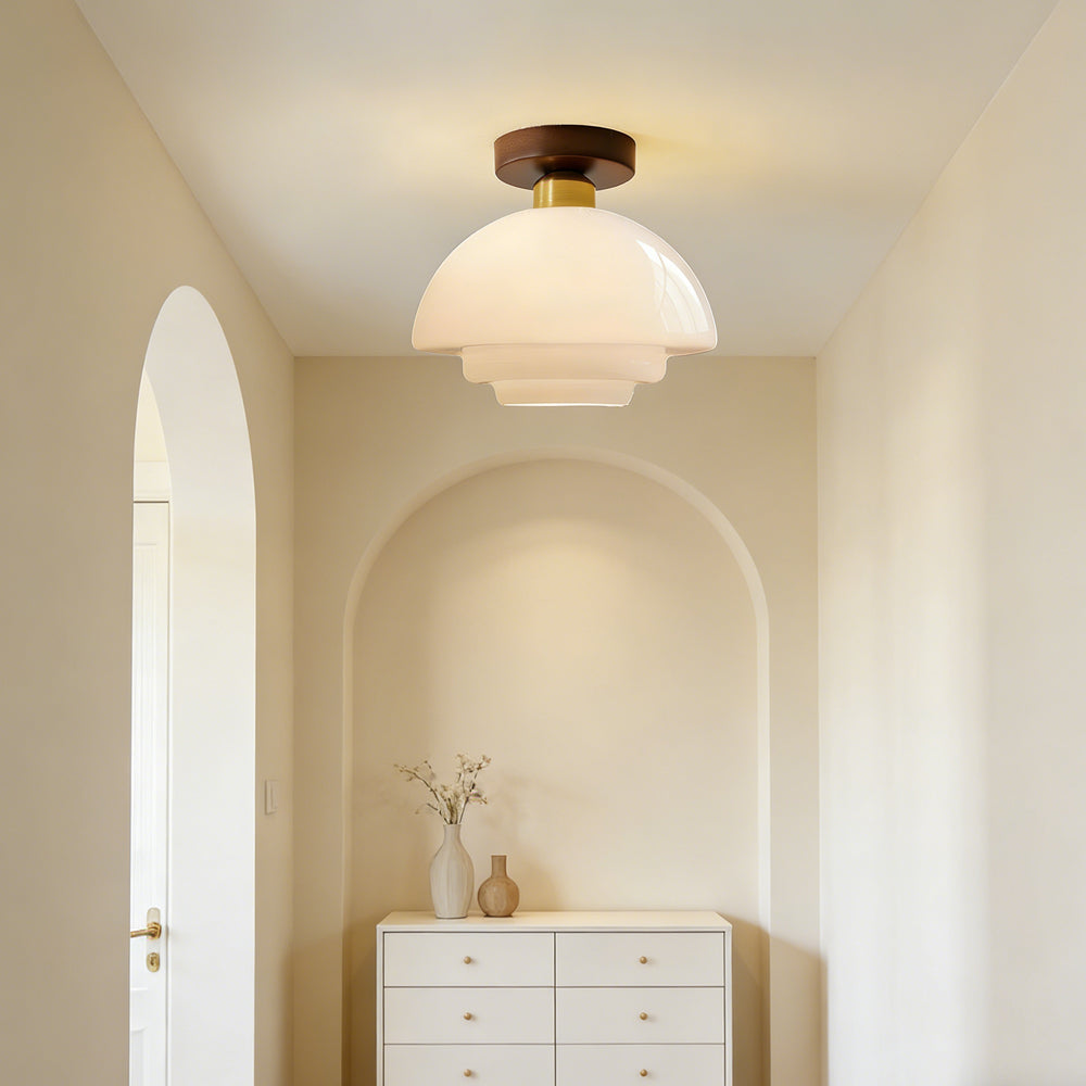 Flush Mount Ceiling Light Wood Glass Dome Copper Scandinavian Entryway Hallway Kitchen Dining | Lonoma