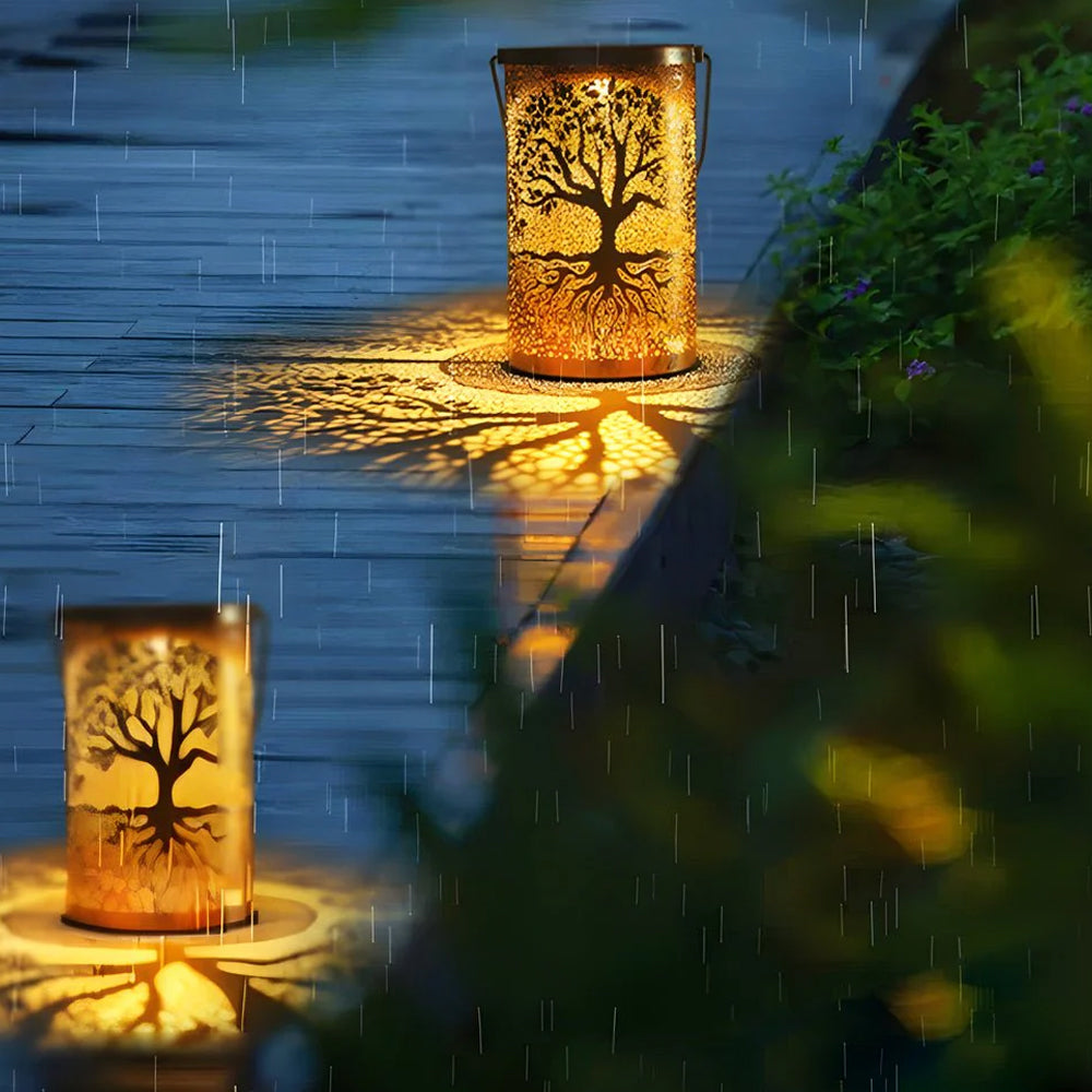 Solar Garden Lantern, IP55 Weather-Resistant Metal LED Hanging or Tabletop Light with Cutout Floral & Forest Designs for Patio & Pergola | Lonoma