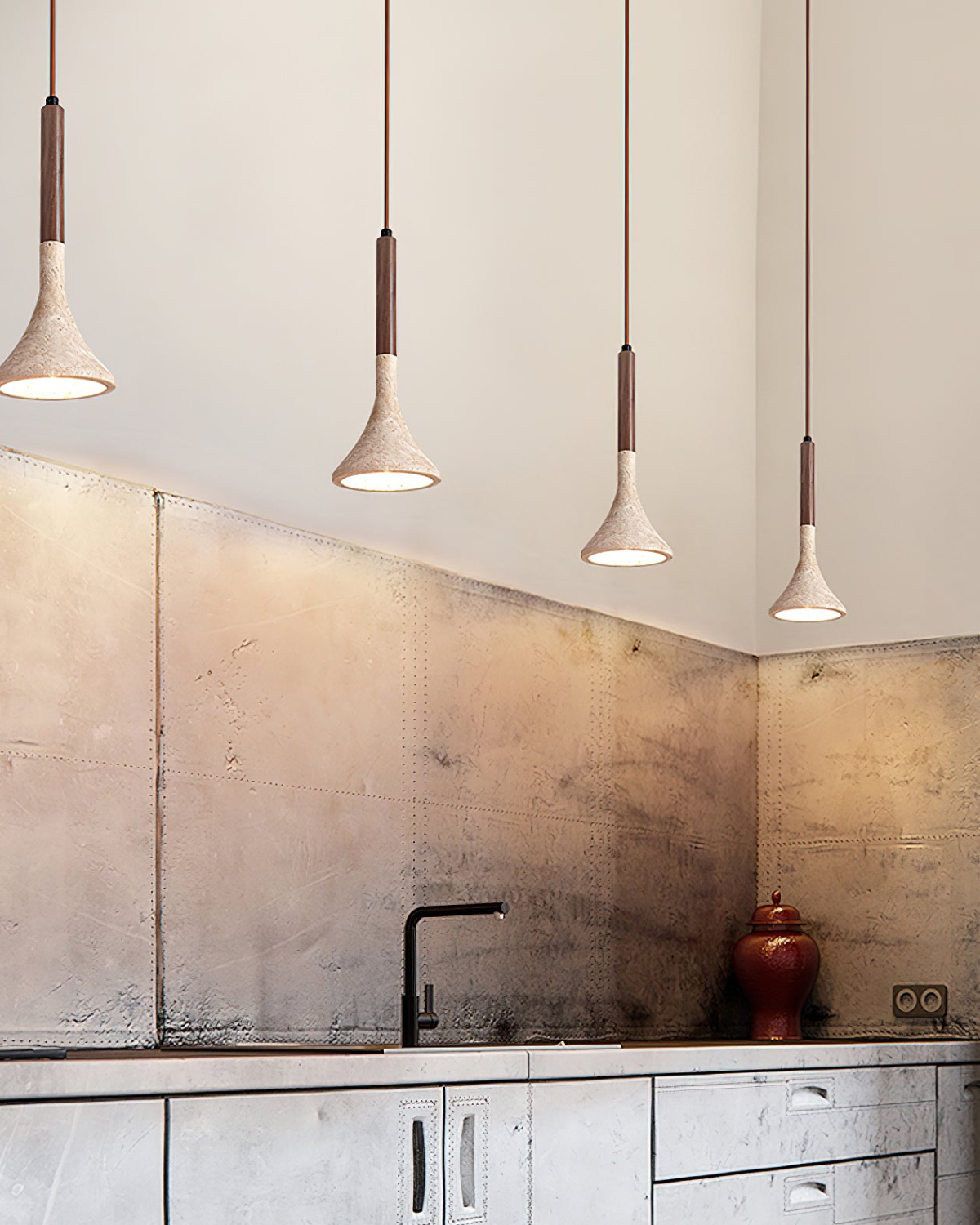 Natural Stone Pendant Light with Wood Accent – Travertine Ceiling Lamp for Dining Room, Kitchen Island, Reading Nook | Lonoma