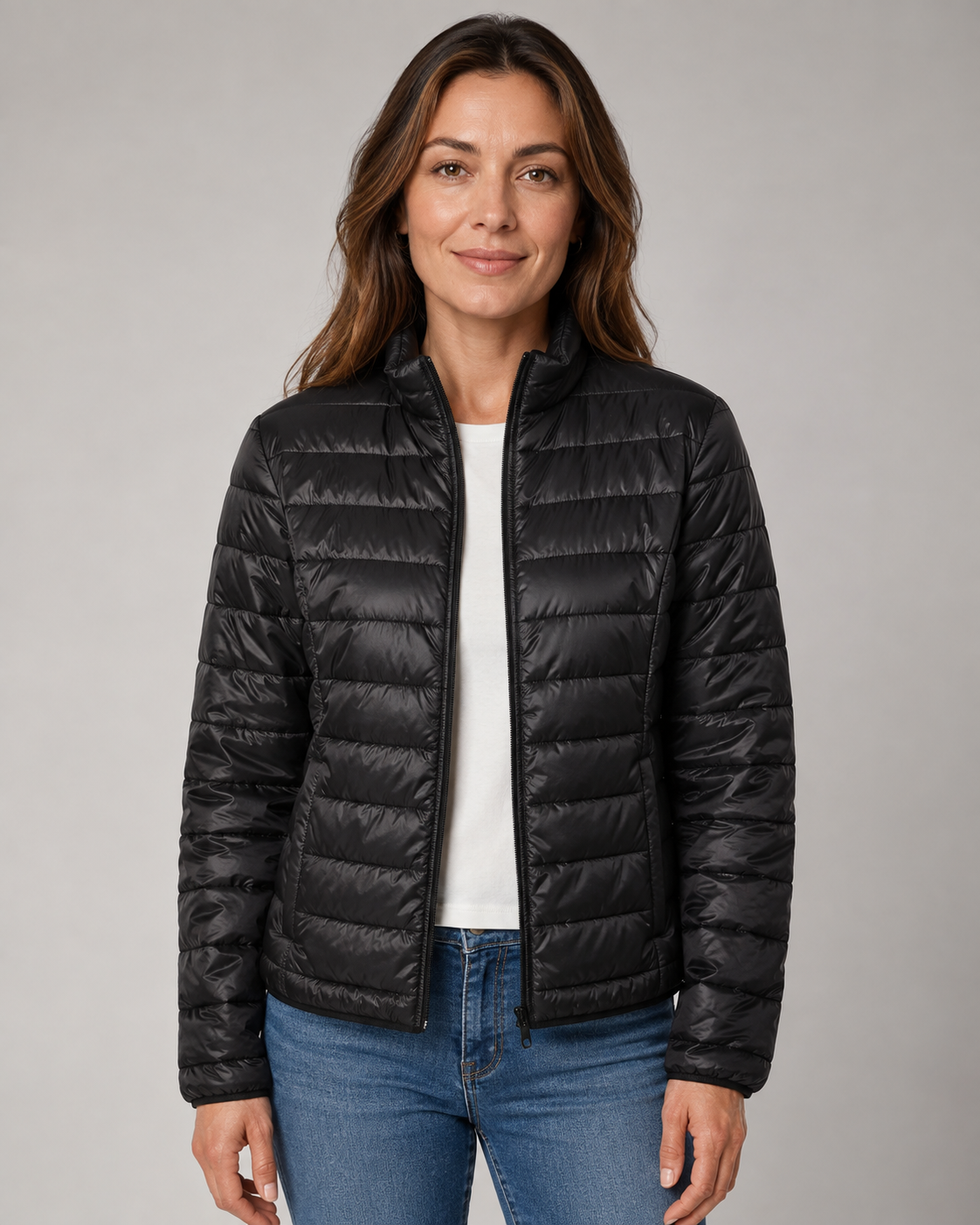 Women's Quilted Puffer Coat with High Funnel Neck and Front Zipper – Insulated Midweight Outerwear for Fall and Spring – Casual Layering | Lonoma