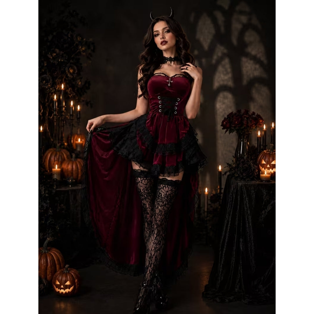 Women's Layered Devil Costume Burgundy Black Lace Halloween Cosplay Party Dress Gothic Fantasy Outfit Theatrical Ensemble Witch Vampire | Lonoma