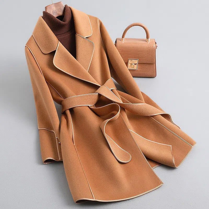 Women's Belted Wool Trench Coat Long Jacket with Tie Waist and Mini Bag for Fall Winter | Lonoma