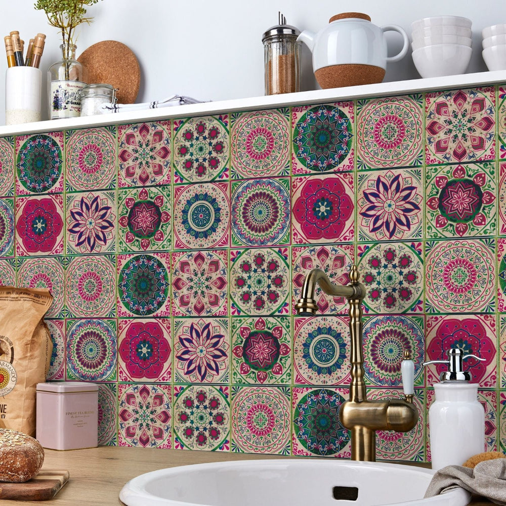 Peel and Stick Tile Stickers, Portuguese Mandala Pattern, 24-Piece Set for Kitchen Backsplash & Bathroom Wall Tile Decor | Lonoma