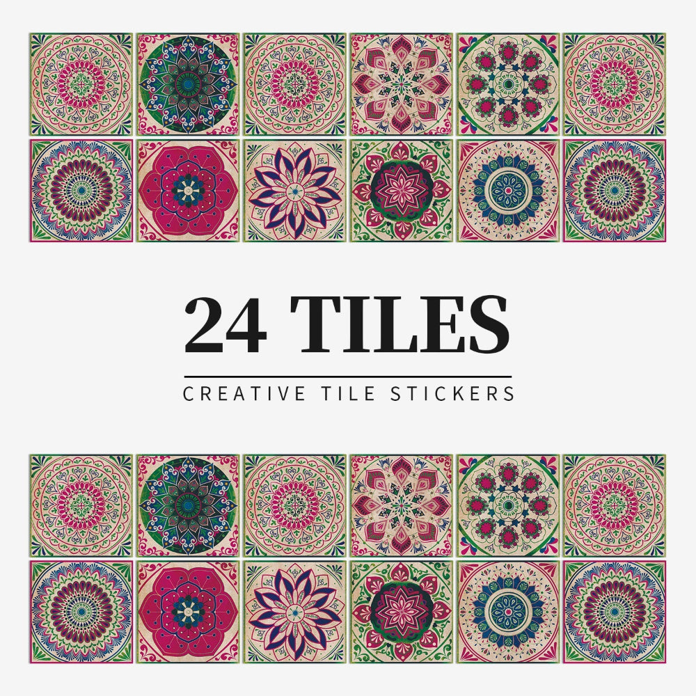 Peel and Stick Tile Decals with Mandala Design for Kitchen Backsplash, Bathroom Walls, Set of 24 Adhesive Decorative Tile Stickers for Home | Lonoma