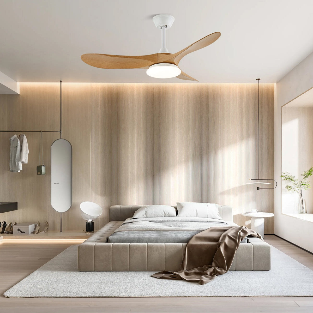 42-52 Inch Walnut & Wood Blade Ceiling Fan with Dimmable LED Light | 6-Speed Reversible DC Motor | Modern Farmhouse Indoor Fan for Bedroom | Lonoma