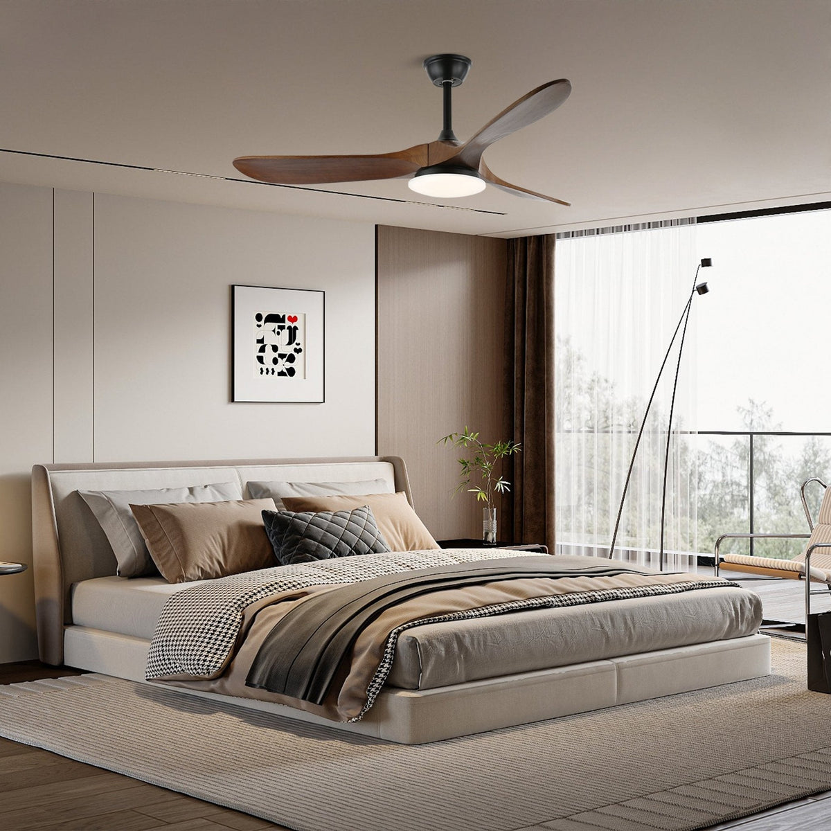 42-52 Inch Walnut & Wood Blade Ceiling Fan with Dimmable LED Light | 6-Speed Reversible DC Motor | Modern Farmhouse Indoor Fan for Bedroom | Lonoma