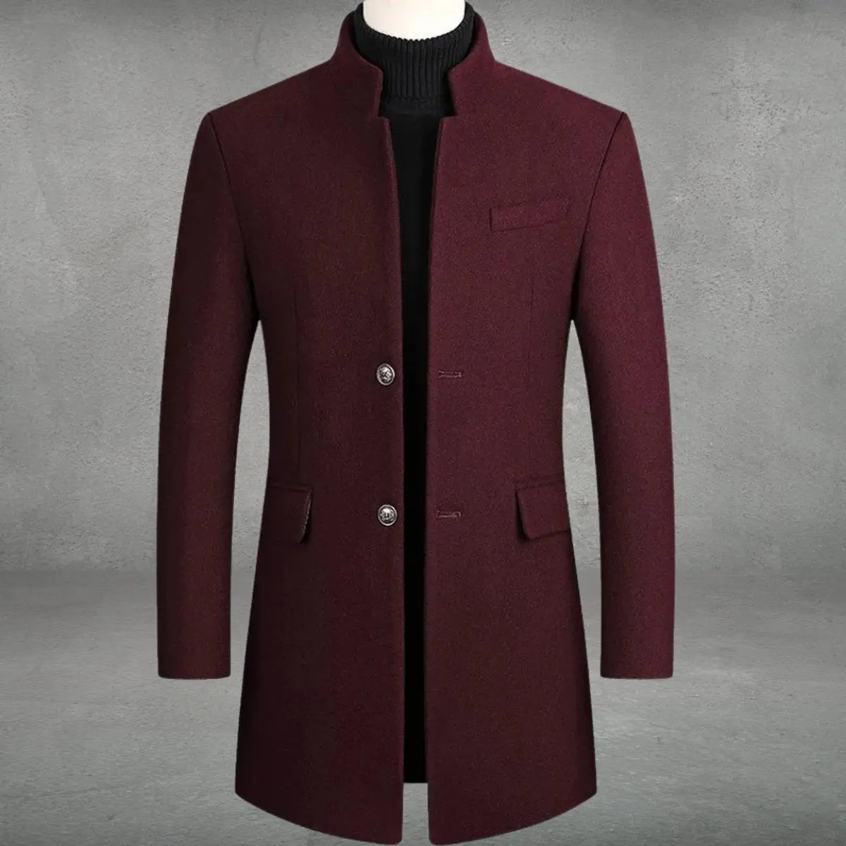 Men's Structured Coat with Stand-Up Collar – Fitted Wool-Blend Topcoat for Business & Cold Weather – Gray Black Burgundy | Lonoma