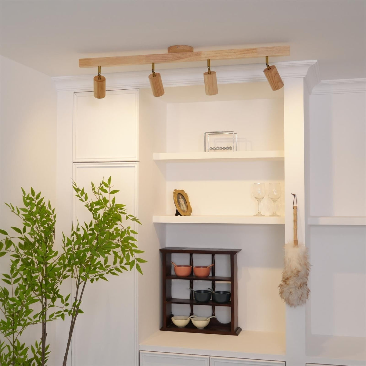 Adjustable Track Light with Wood Accent - 2/3/4/5 Spotlight Heads - Ceiling Mount LED - Warm Light for Kitchen, Hallway, Living Room | Lonoma