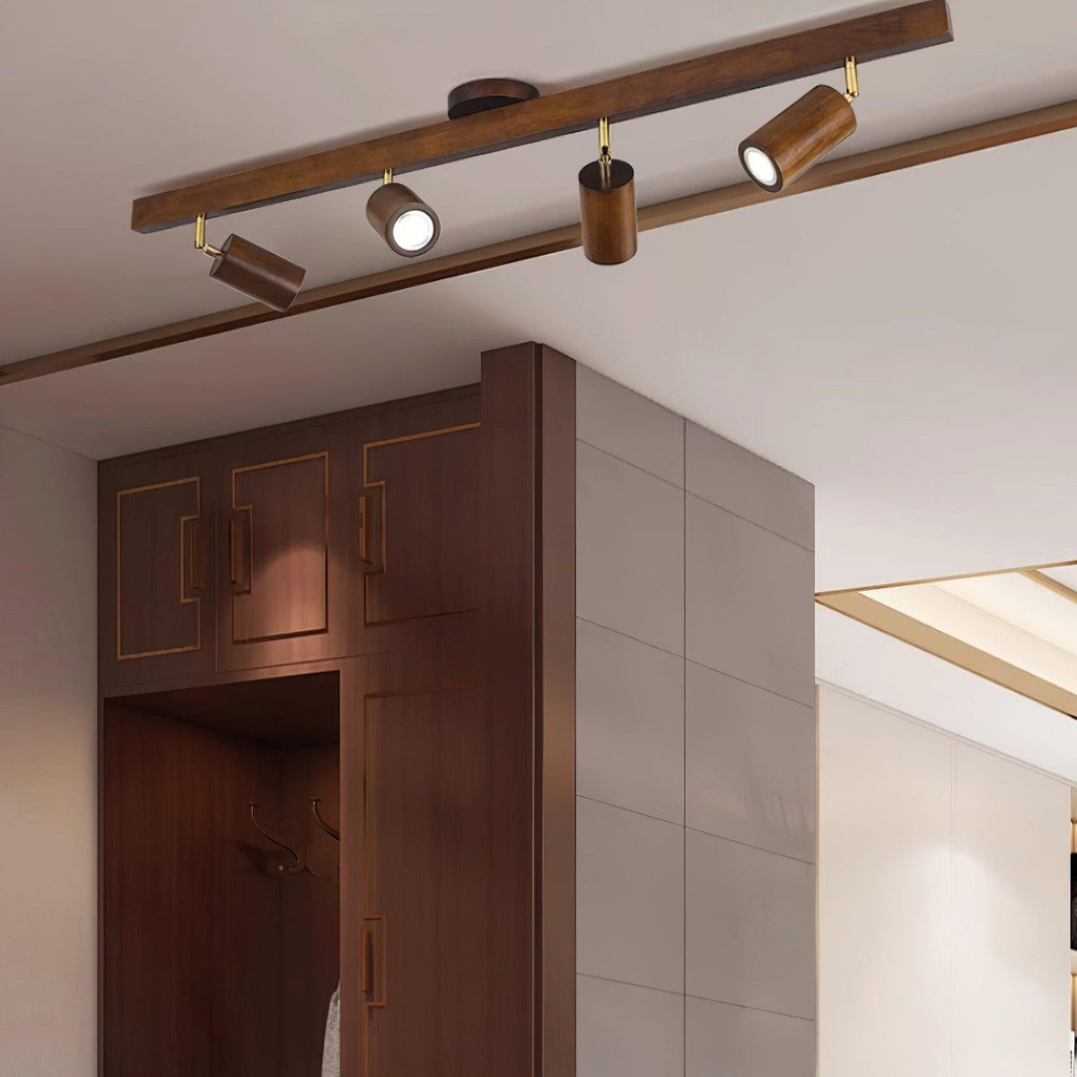 Adjustable Track Light with Wood Accent - 2/3/4/5 Spotlight Heads - Ceiling Mount LED - Warm Light for Kitchen, Hallway, Living Room | Lonoma