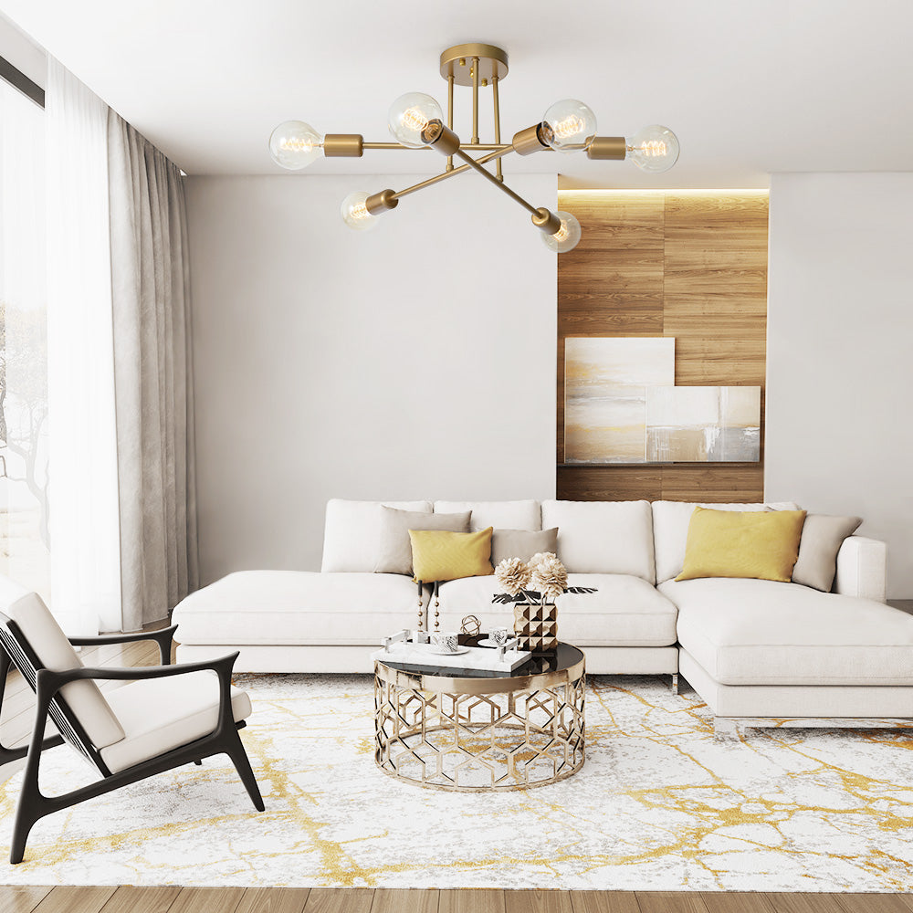6-Light Ceiling Fixture Mid-Century Starburst Design Gold Metal Arms E26 Socket Sloped Ceiling Compatible Hallway Entryway Dining Room | Lonoma
