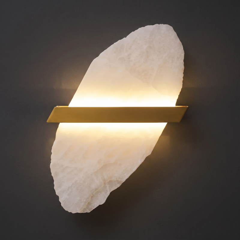 Spanish Alabaster Wall Sconce with Brass or Wood Accent, Hardwired G9 or LED, Handmade Natural Stone Light for Bedroom, Hallway, Living Room | Lonoma