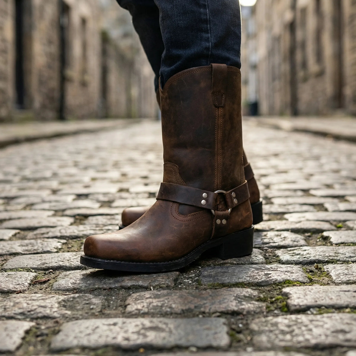 Men's Western Harness Boots Handcrafted Leather Ankle Boot Cognac Tan Black for Casual Outfits Jeans Vintage Biker Style | Lonoma