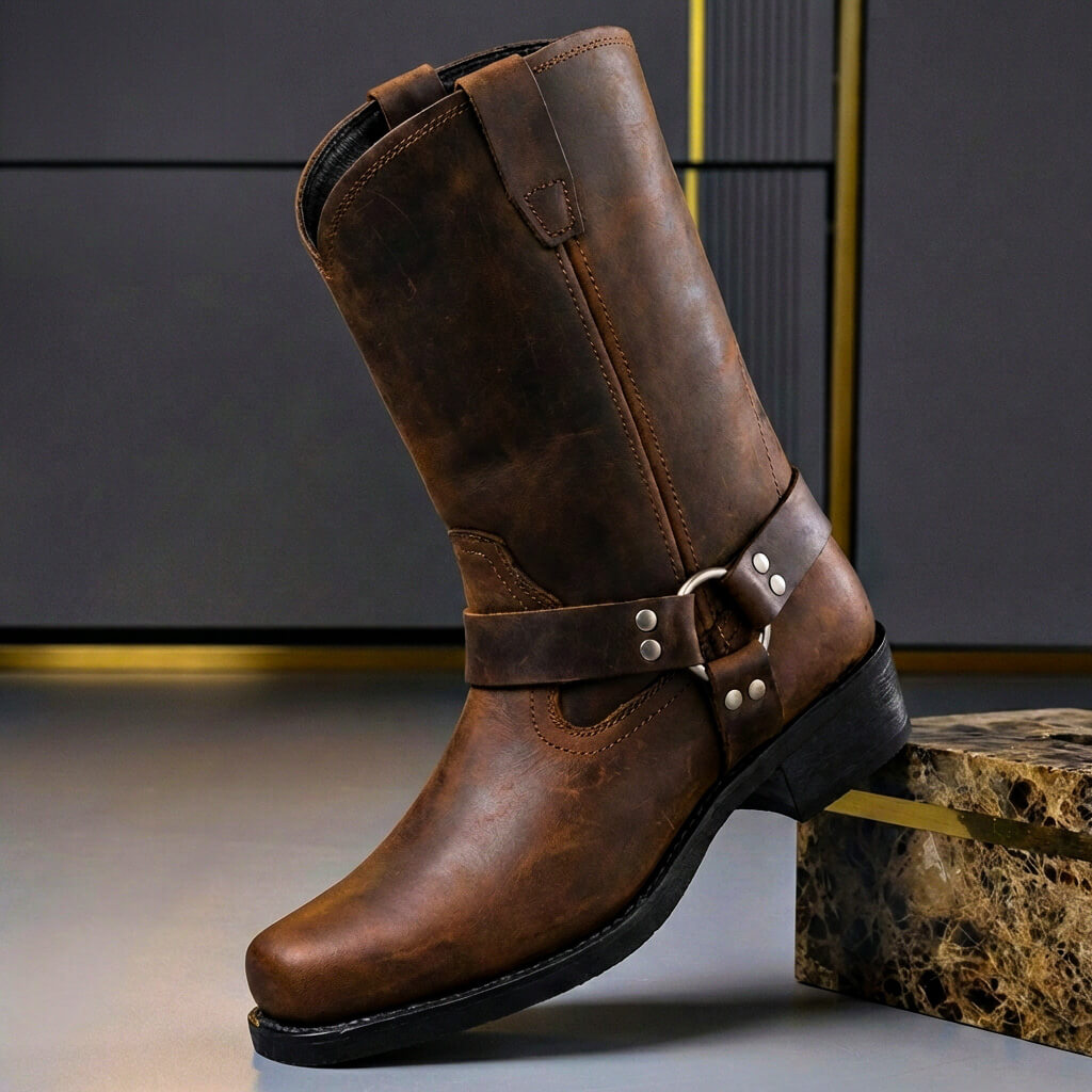 Men's Western Harness Boots Handcrafted Leather Ankle Boot Cognac Tan Black for Casual Outfits Jeans Vintage Biker Style | Lonoma