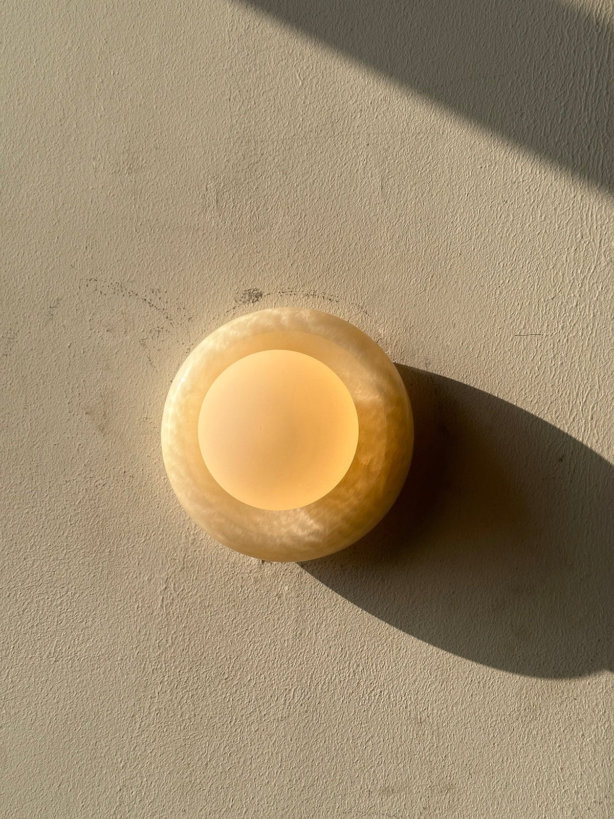 Round Natural Stone Wall Sconce with Glass Shade – Genuine Jade Accent Light 5.5 Inches for Bedroom Hallway Living Room | Lonoma