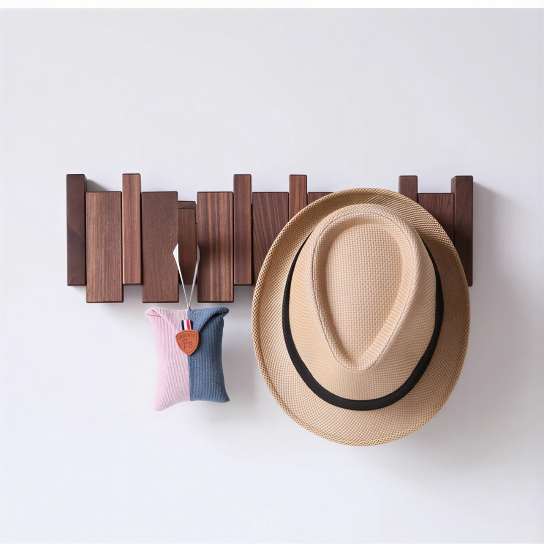 Solid Oak Wall Mounted Coat Rack with Fold-Down Hooks, Modern Entryway Hat & Coat Hooks for Hallway, Bedroom, Closet Organization | Lonoma