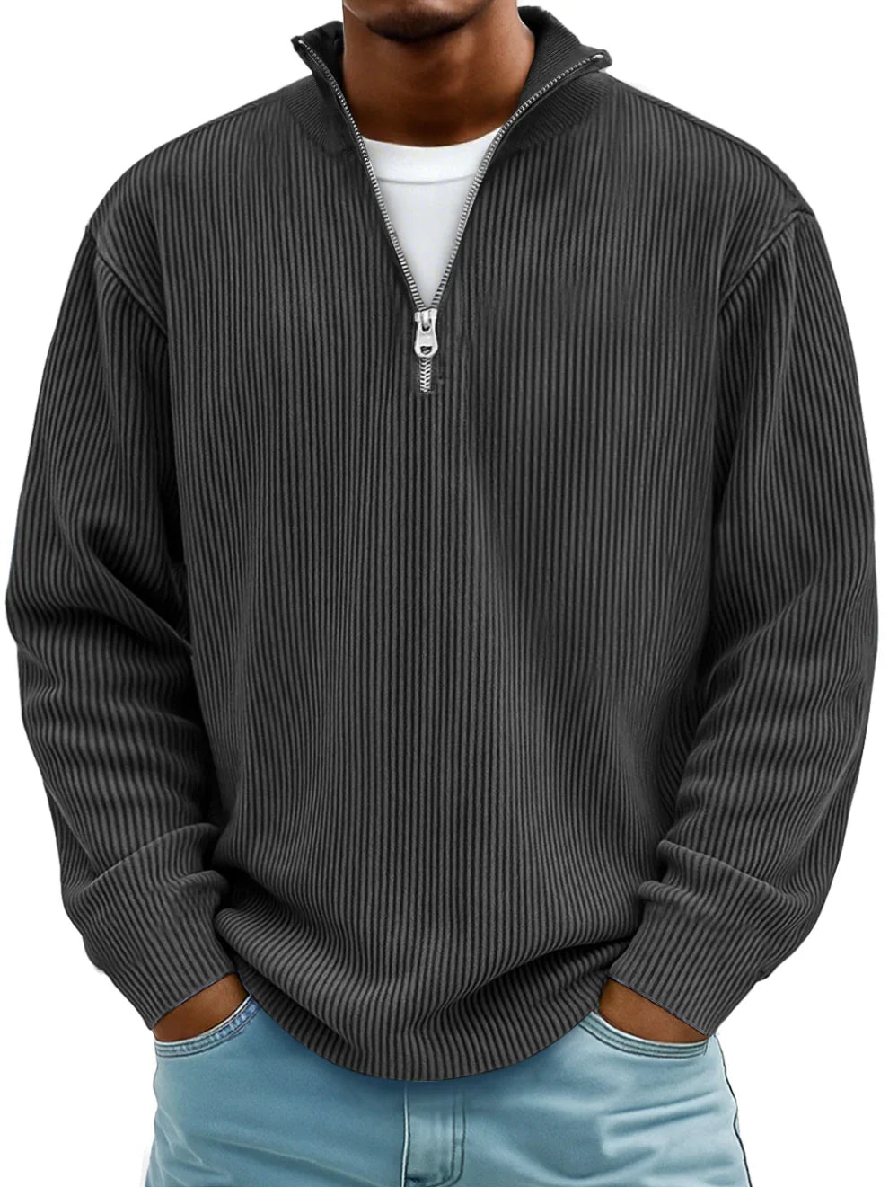 Men's Quarter-Zip Pullover Sweater with Ribbed Knit and Stand Collar for Casual and Office Wear | Lonoma