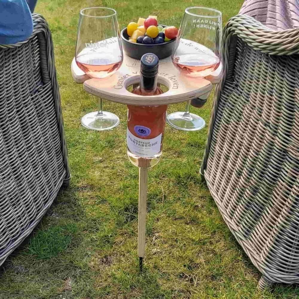 Portable Wooden Wine Table with Ground Stake, Bottle & 2 Glass Holder for Outdoor Picnic, Garden, Patio, Beach and Park | Lonoma
