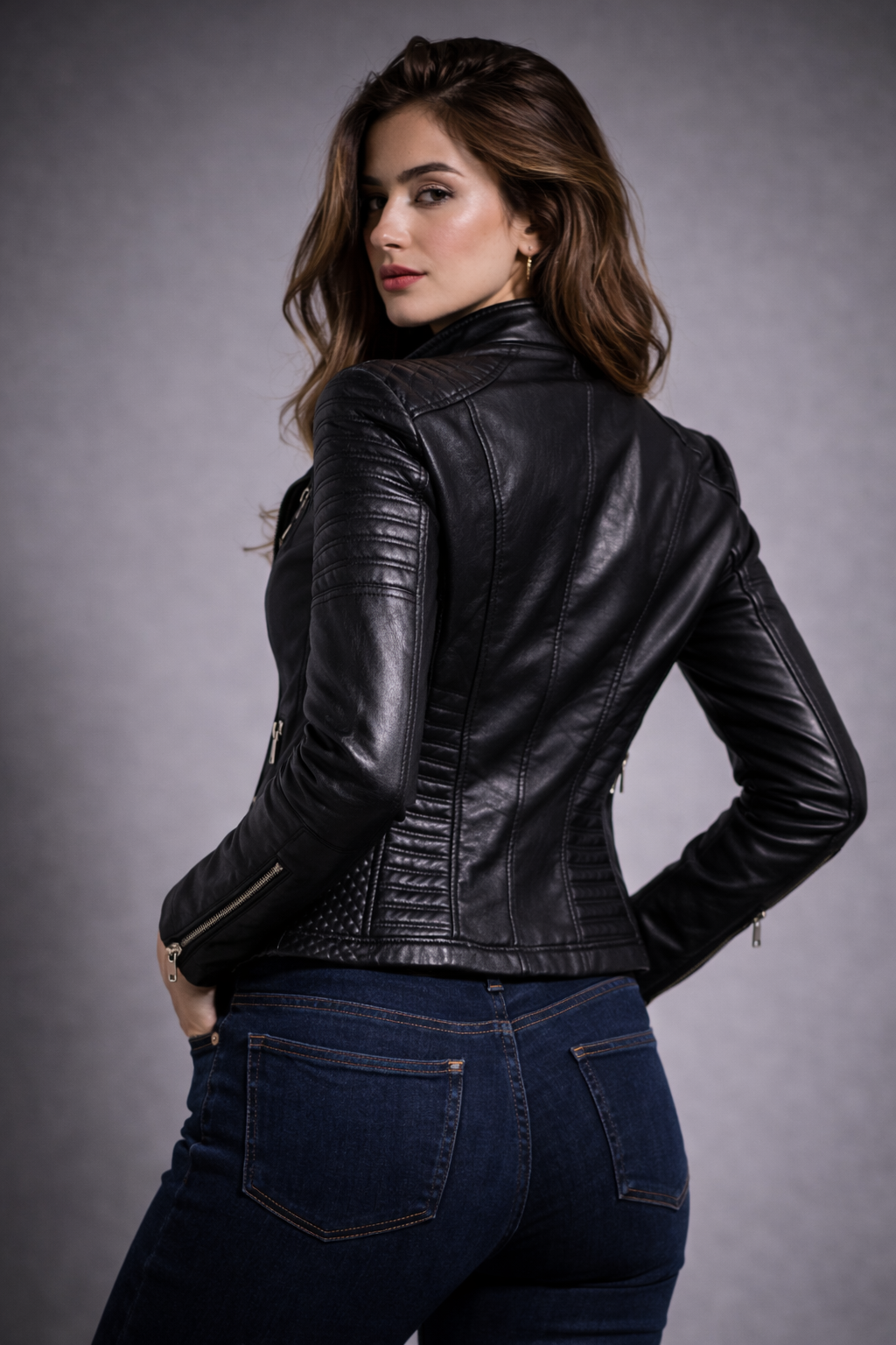 Women's Genuine Leather Moto Jacket with Silver Hardware and Textured Shoulders | Lonoma