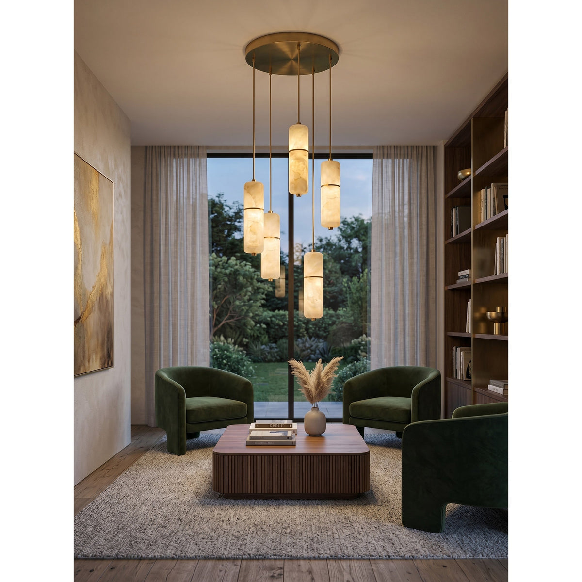 LED Alabaster Pendant Light Brass Finish Adjustable Wire Multi-Light Chandelier for Dining Room Kitchen Island Stairwell | Lonoma