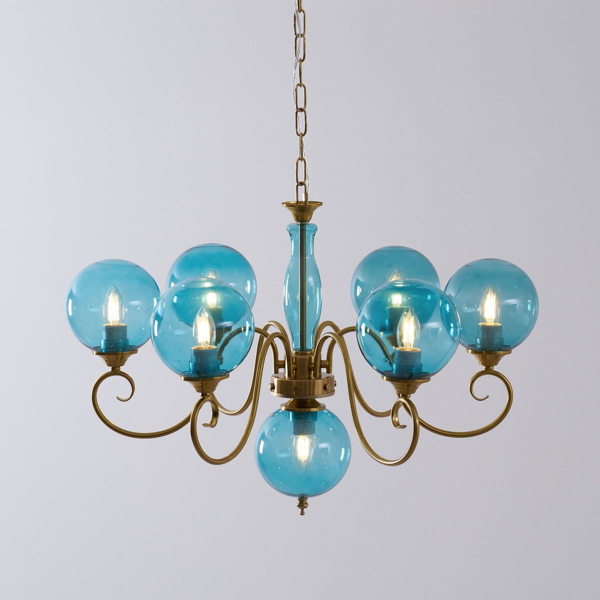 Hand-Blown Glass Globe Chandelier with Antique Brass Frame – Multi-Arm Pendant Light for Dining Room | Lonoma