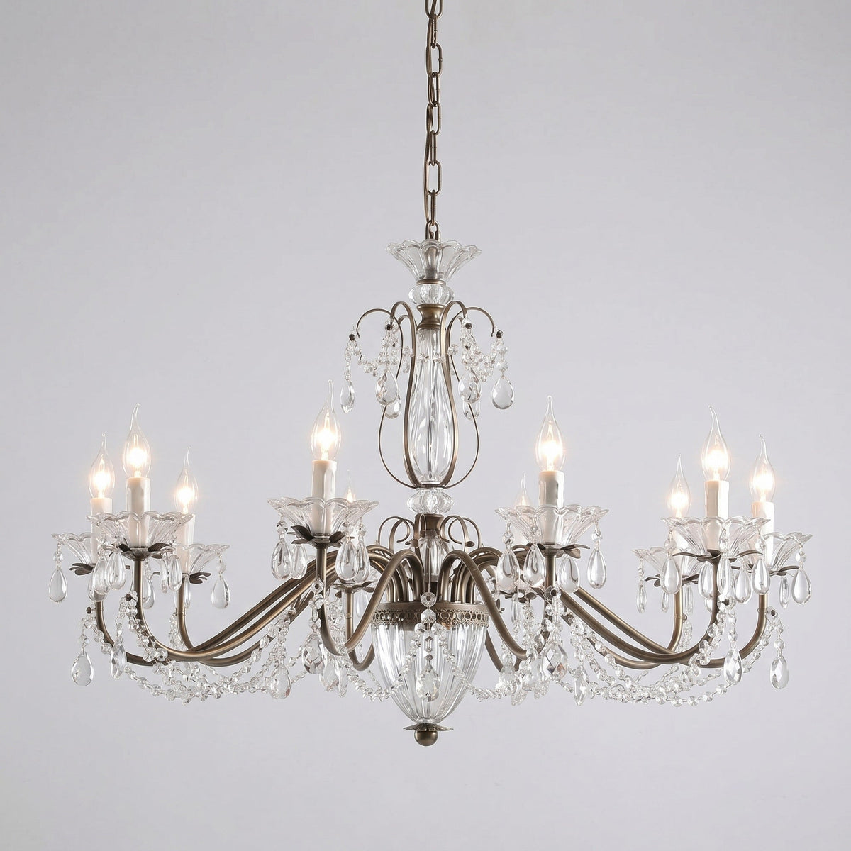 Glam Crystal Chandelier with Candelabra Bulbs Coffee Gold Iron Frame Adjustable Chain Dining Room Foyer Statement Lighting | Lonoma