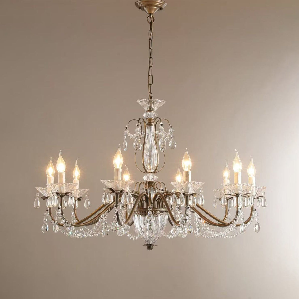 Glam Crystal Chandelier with Candelabra Bulbs Coffee Gold Iron Frame Adjustable Chain Dining Room Foyer Statement Lighting | Lonoma