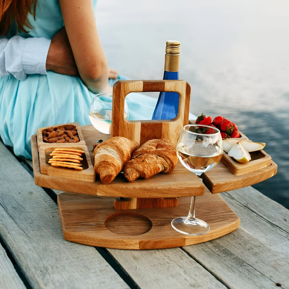 Folding Wooden Picnic Tray with Wine Glass & Bottle Holders, Portable Outdoor Serving Tray for Beach, Camping & Garden | Lonoma