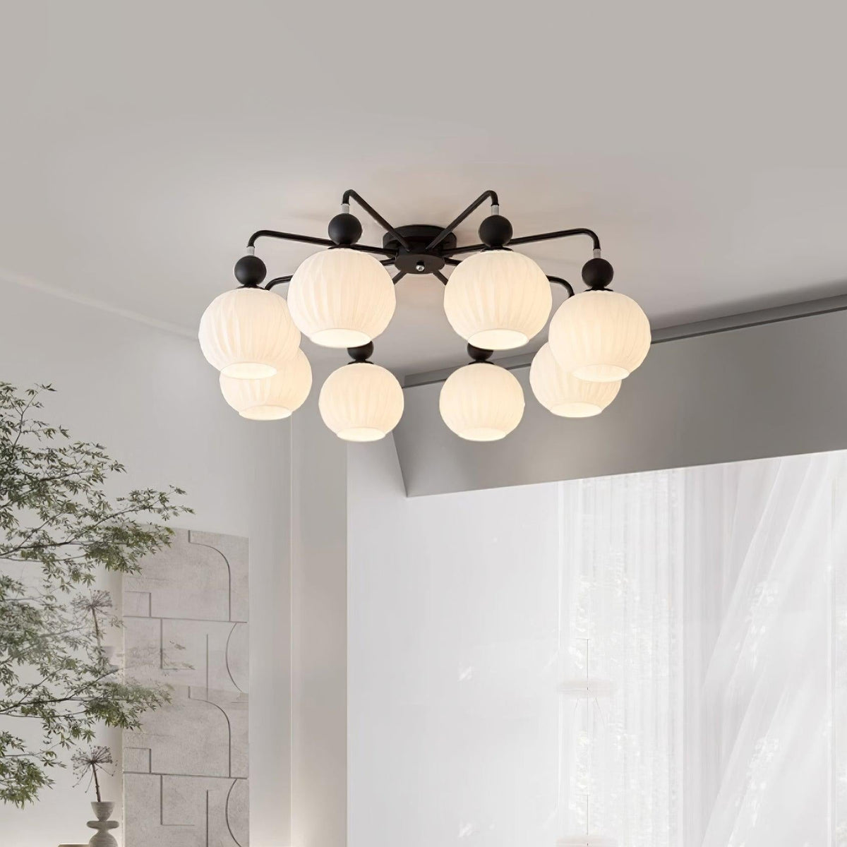 Sculptural Semi-Flush Ceiling Light with Rippled Glass Globes for Dining Room | Modern Multi-Arm Chandelier Fixture | Lonoma