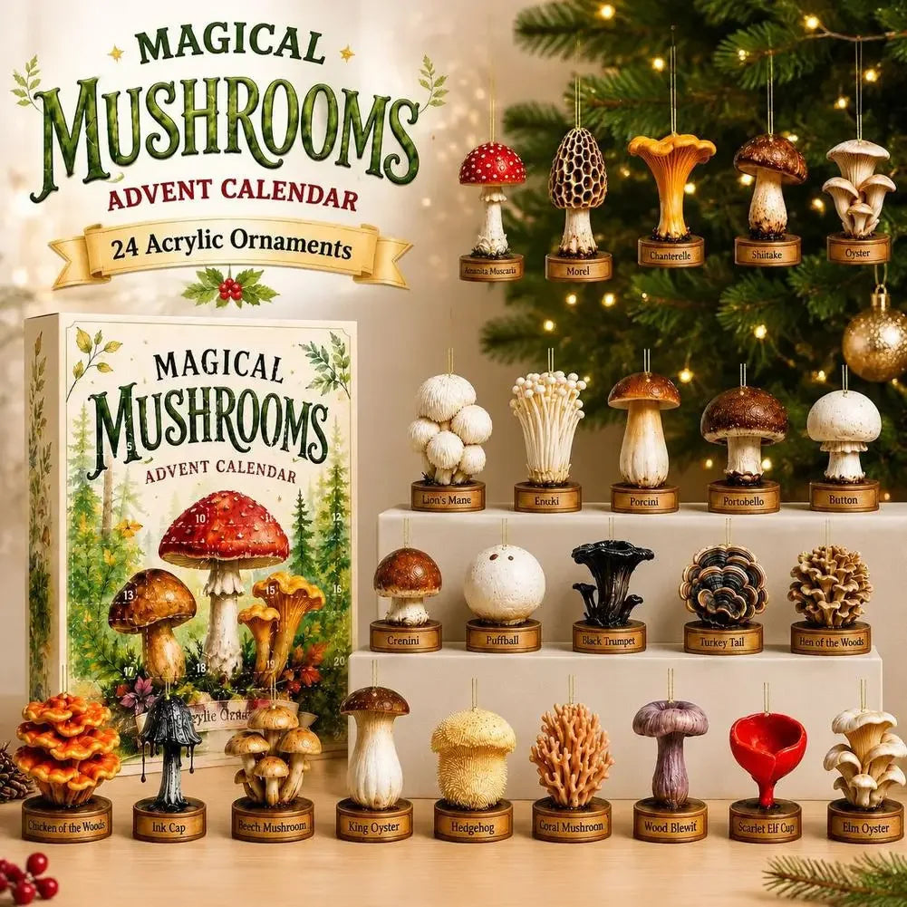 Holiday Countdown Calendar 24-Day Mushroom Acrylic Ornaments Surprise Box with Retro Charms for Christmas Tree Decor and Collecting | Lonoma