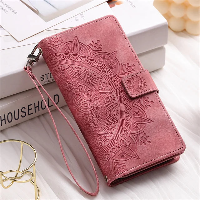 Embossed Leather Wallet Case with Card Slots for Galaxy S26 S25 S24 S23 S22 S21 S20 Note 20 10 9 Magnetic Flip Cover | Lonoma