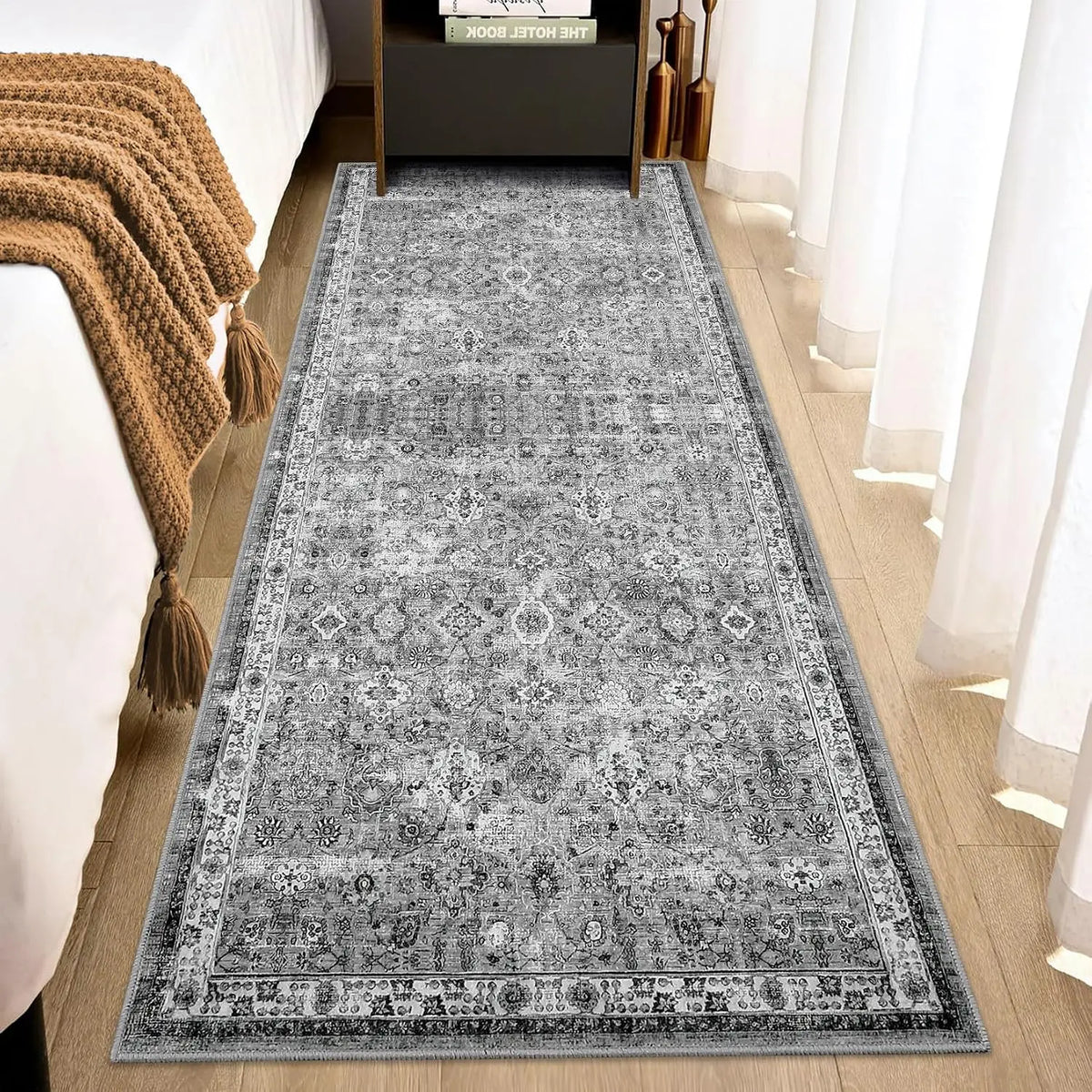 Vintage Low-Pile Area Rug Washable Non-Slip Gray Runner for Kitchen Entryway Bedroom Hallway | Lonoma