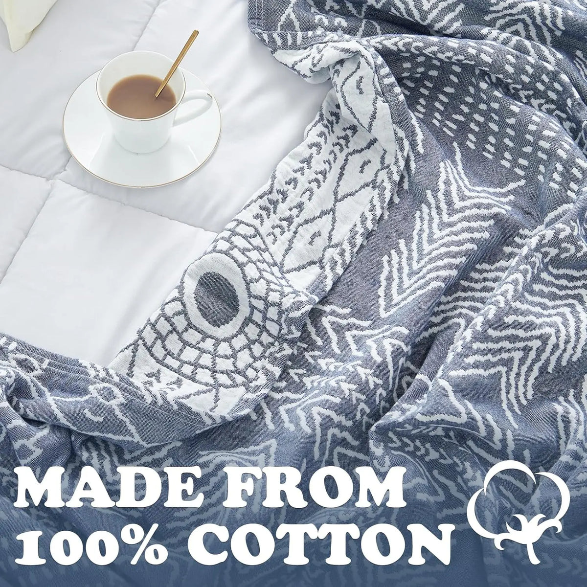 Cotton Throw Blanket Triple Layer Reversible Geometric Pattern for Couch Bed Sofa All Season Lightweight Breathable Boho Decorative Quilt | Lonoma