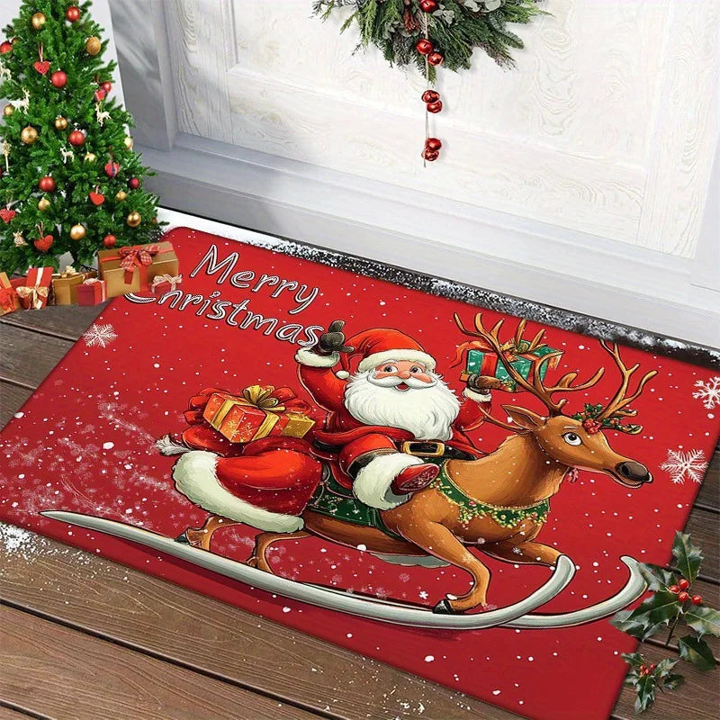 Holiday Welcome Mat Festive Santa Claus Door Mat Non-Slip Polyester Christmas Doormat for Entry Indoor Outdoor Home Decoration | Lonoma