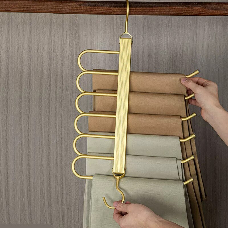 Swivel Pants Hanger with 6 Non-Slip Bars, Gold Aluminum Space-Saving Closet Organizer for Pants, Jeans, Scarves & Ties | Lonoma