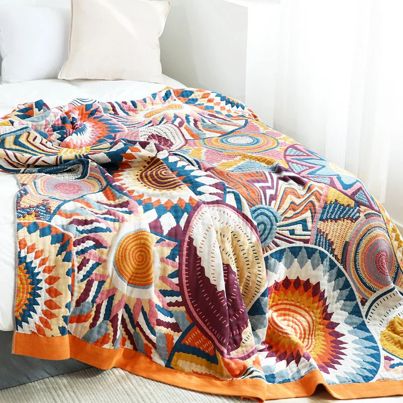 Lightweight Cotton Gauze Throw Blanket for Couch Bed Year-Round Layering Geometric Knit Coverlet for Living Room Bedroom All Seasons | Lonoma