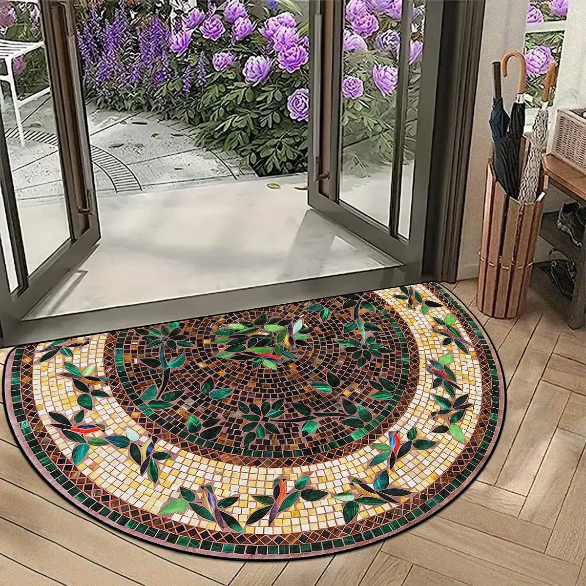Half-Moon Non-Slip Doormat Geometric Mosaic Print for Entry Patio | Vintage Floral Patchwork Design Indoor Outdoor Mat | Lonoma