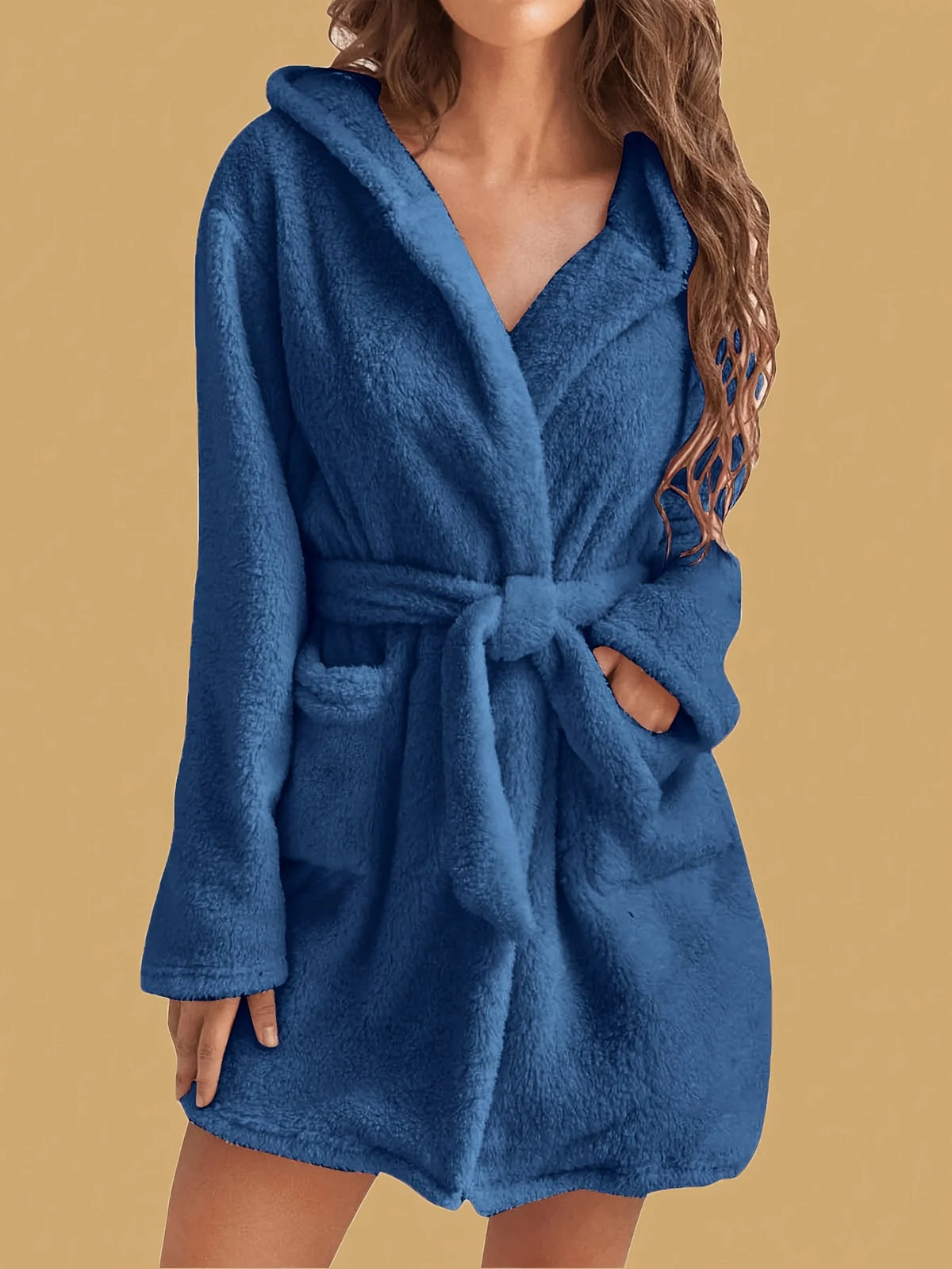 Women's Hooded Fleece Bathrobe with Belt Solid Color Loungewear for Fall Winter Home Relaxation Cozy Warmth | Lonoma